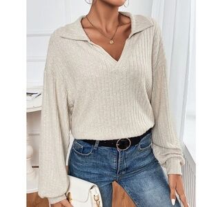 Cream Ribbed Collared V-Neck Sweater (size large)